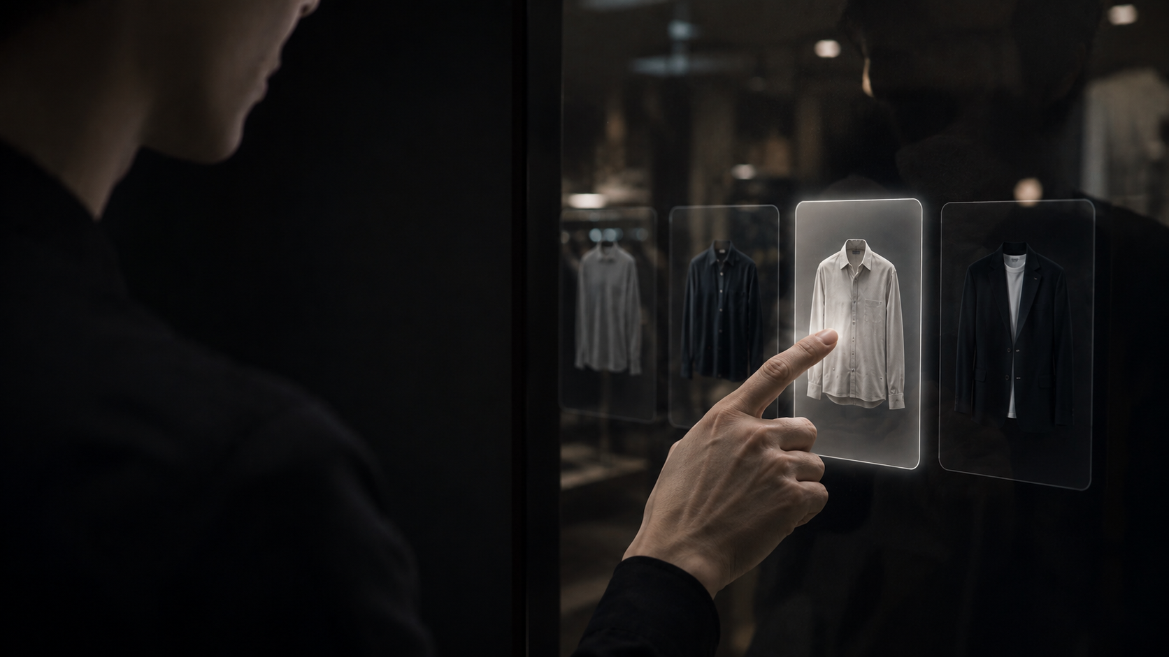 A close-up of a hand selecting a garment card on the kiosk's touch display