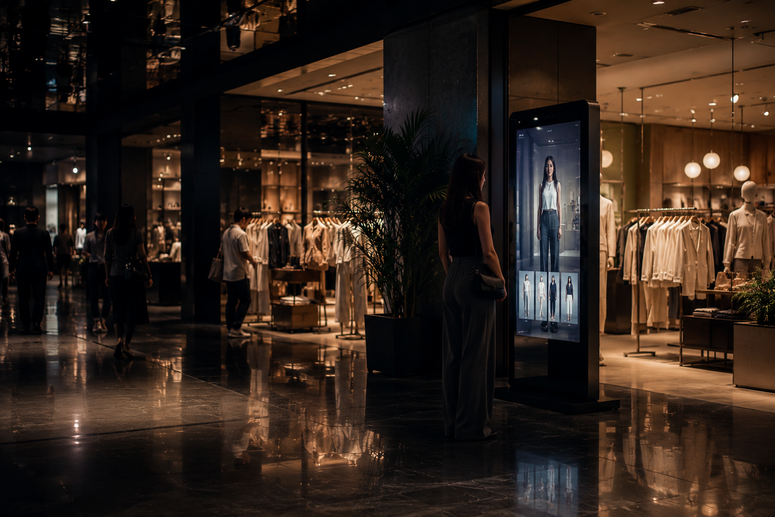 A shopper standing at the Mirai kiosk on a retail shop floor, viewing a garment rendered on the display